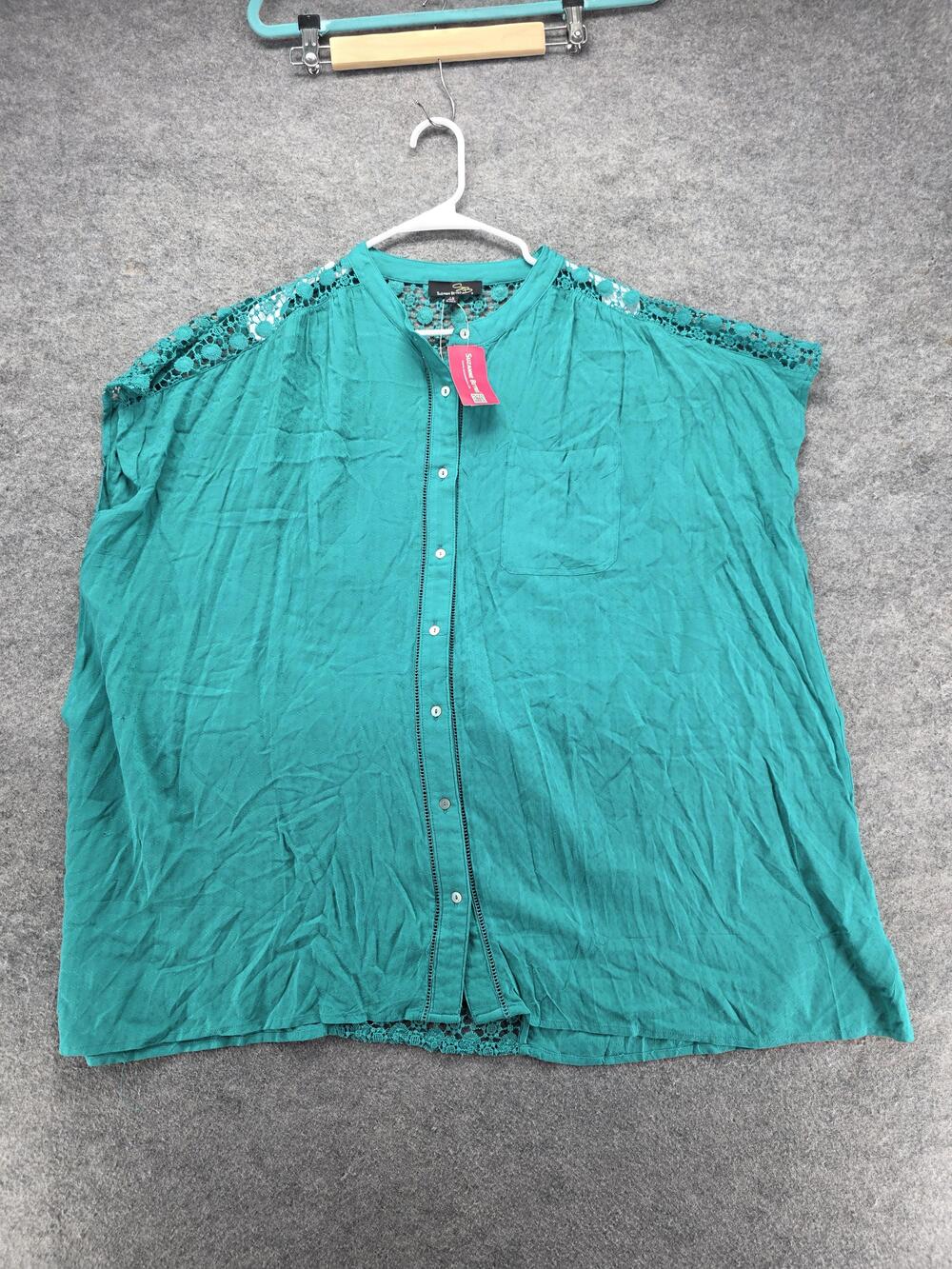Suzanne Betro Button-Up Tunic Womens 1X Green Crochet Pocket Lightweight Rayon